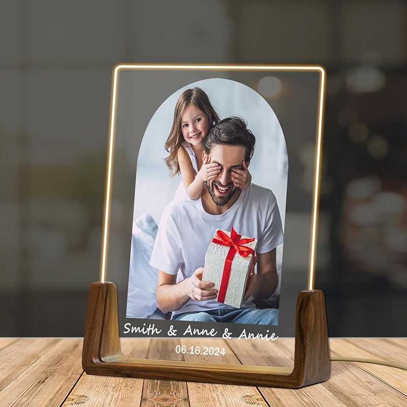 Custom Father's Day Gift for Dad, Photo Acrylic Plaque Personalized Night Light, Walnut Photo Frame with Night Light, Unique Romantic Birthday