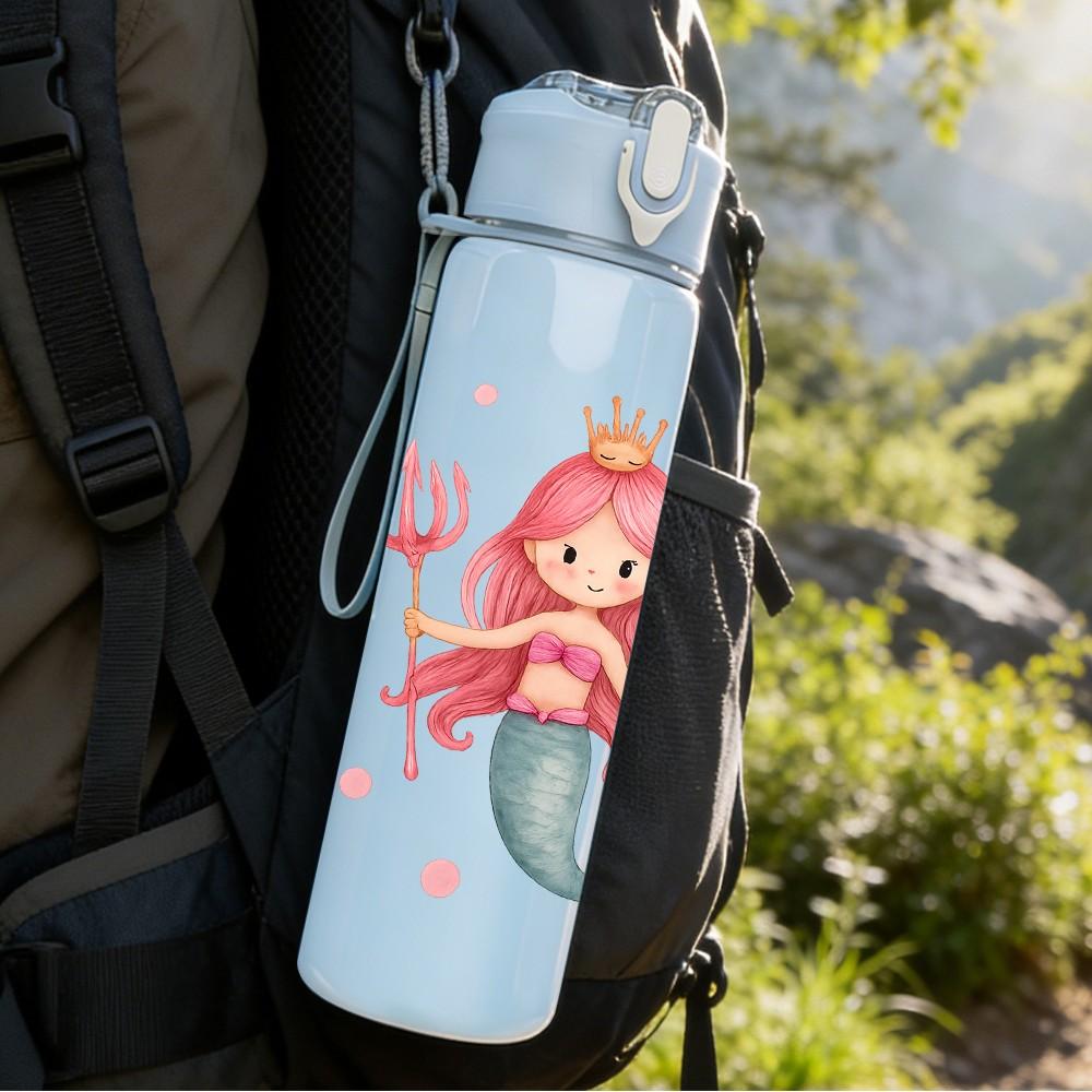 1 Stück Rosa Meerjungfrauenprinzessin Cartoon 750ml Farbe Kunststoff Sportwasserflasche Auslaufsicher Klappdeckel mit Strohhalm Geeignet für Sport Büro Heimgebrauch