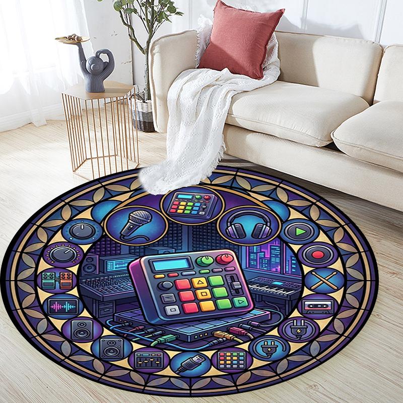 Music Production Icons Round Area Rug Under Office Chairs Bedroom Living Room Home Decor
