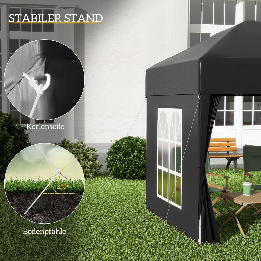 Faltpavillon, Biergartenpavillon, 4 abnehmbare Seitenwände, 2 Fenster, Metallgestell, 2 x 2 m, Schwarz