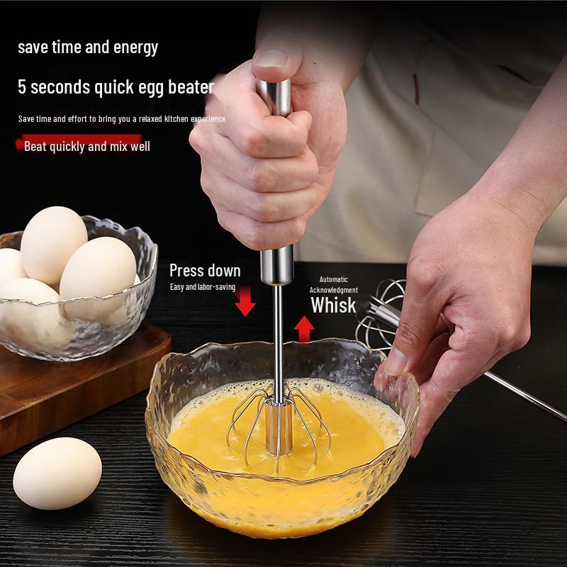 Stainless Steel Semi-Automatic Rotating Whisk: Manual Press Egg Beater for Baking