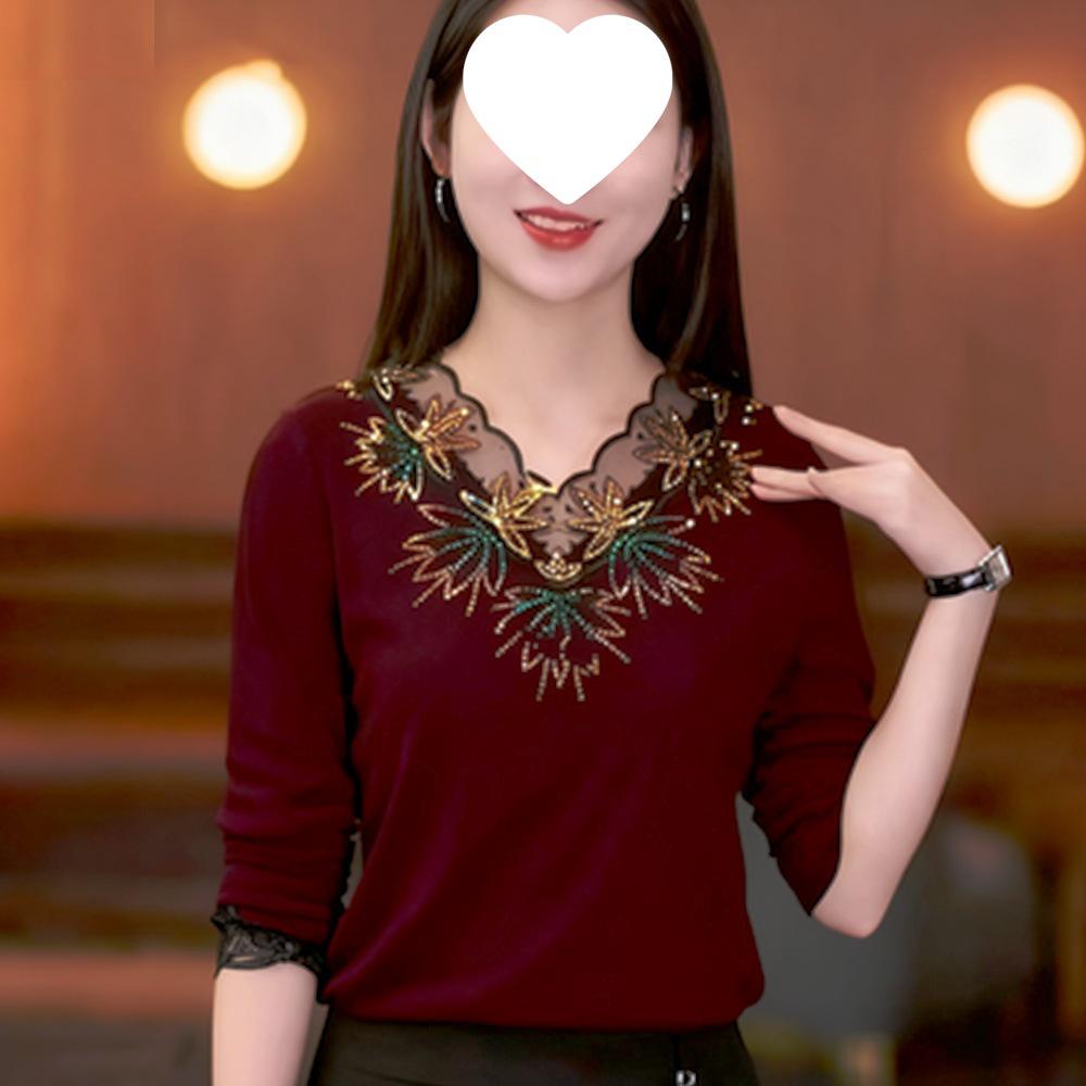 Elegant V-Neck Embroidered Lace Top with Rhinestones - Age-Reducing, Tummy Concealing, and Warm for Autumn & Winter.