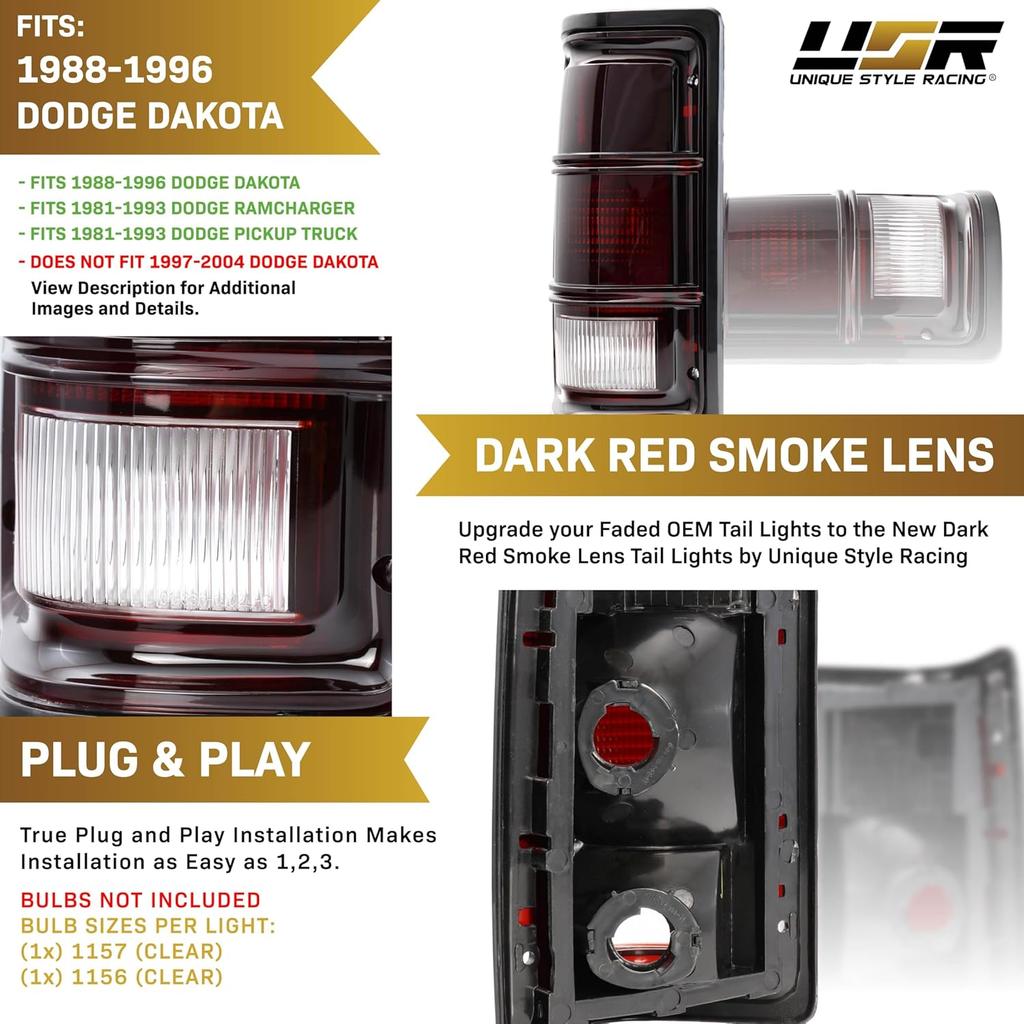 USR 88-96 Dakota Tail Lights Pair - Left + Right - Compatible with 1988-1996 Dodge Dakota & 1981-1993 Ramcharger - Dark Smoke Re