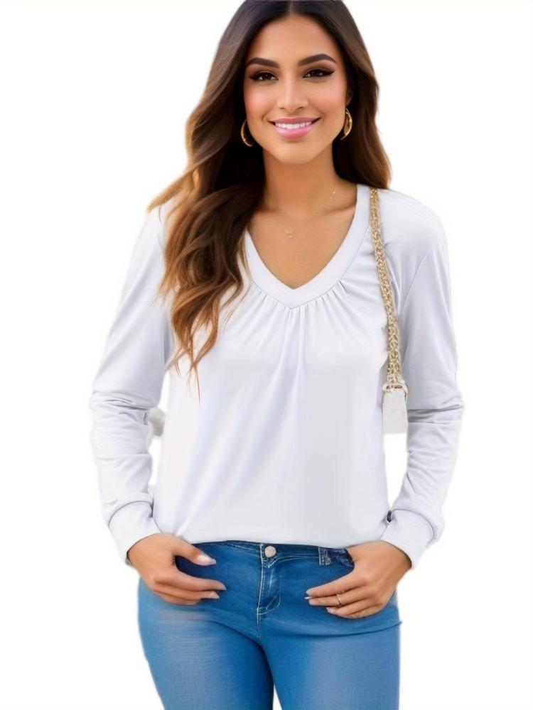 Casual Pleated V Neck Long Sleeve Blouses for Women Spring Summer