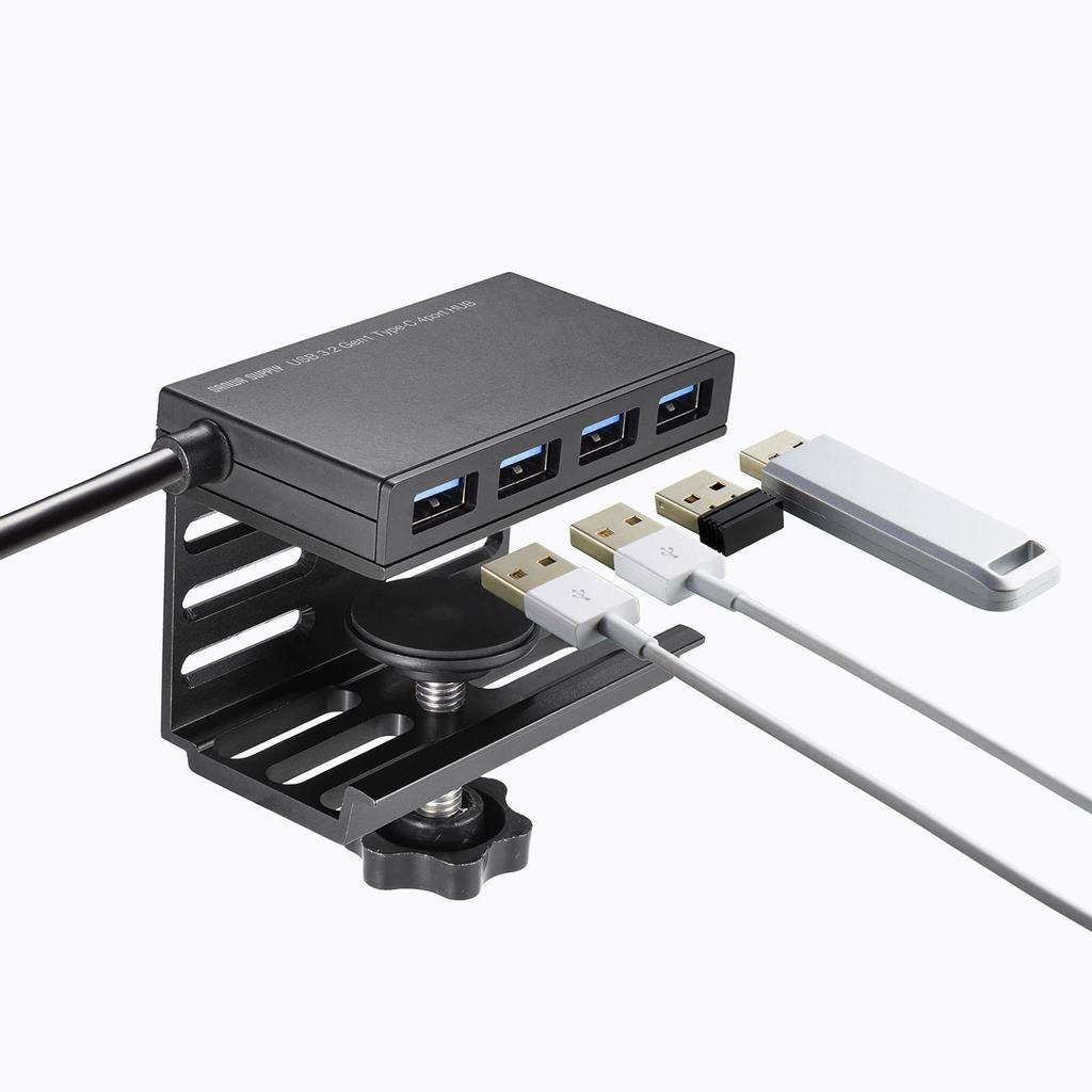Sanwa Supply USB Gen 1 Clamp-Mounted 3.2 Type-C Hub, Black, USB-3TCH31BK