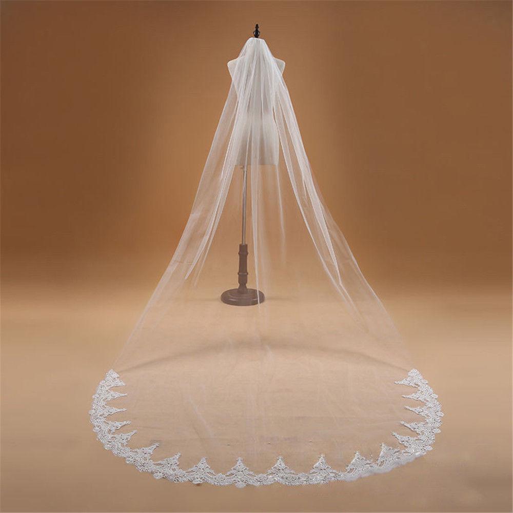 

Elegant Mori Style Wedding Veil with Lace Trim and Long Train Pure White
