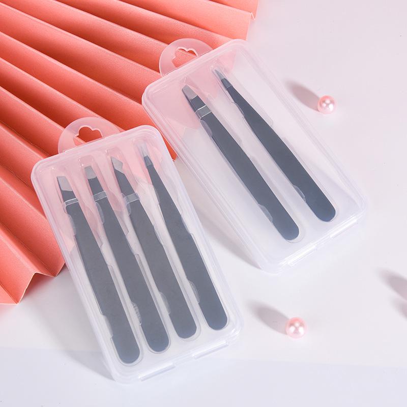 Pink Stainless Steel High Precision Slanted Eyebrow Tweezers with Pointed Hook in Plastic Box Set.