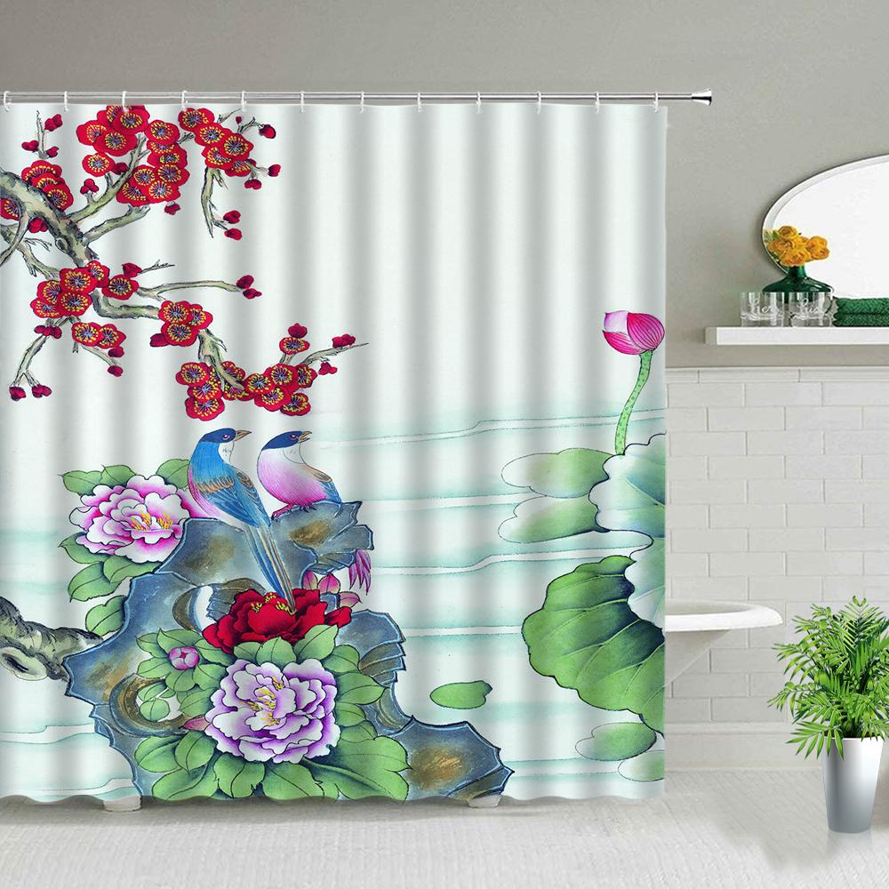 

Цветочный Птичий Пейзаж в Китайском Стиле Занавески для Душа Растения Цветочный Пейзаж Водонепроницаемая Ткань для Ванной Набор Занавесок для Ванны с Крючками W60H190(CM)-1 Pcs