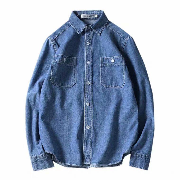 Men's Japanese Retro Denim Long-Sleeve Casual Loose Shirt Jacket, Large Size