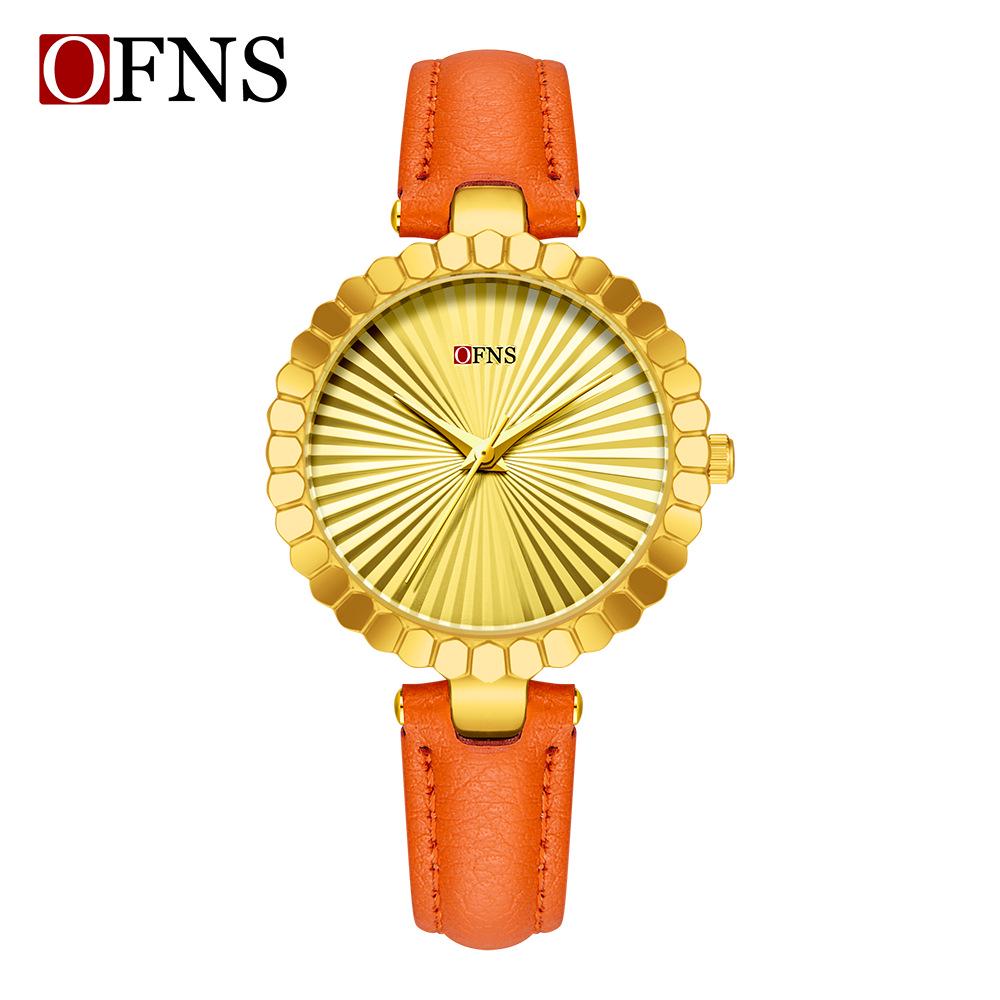 Oufanni Women's Sunburst Quartz Watch with Cowhide Strap – Waterproof, Fan-Shaped Versatile Design, Model 1643.