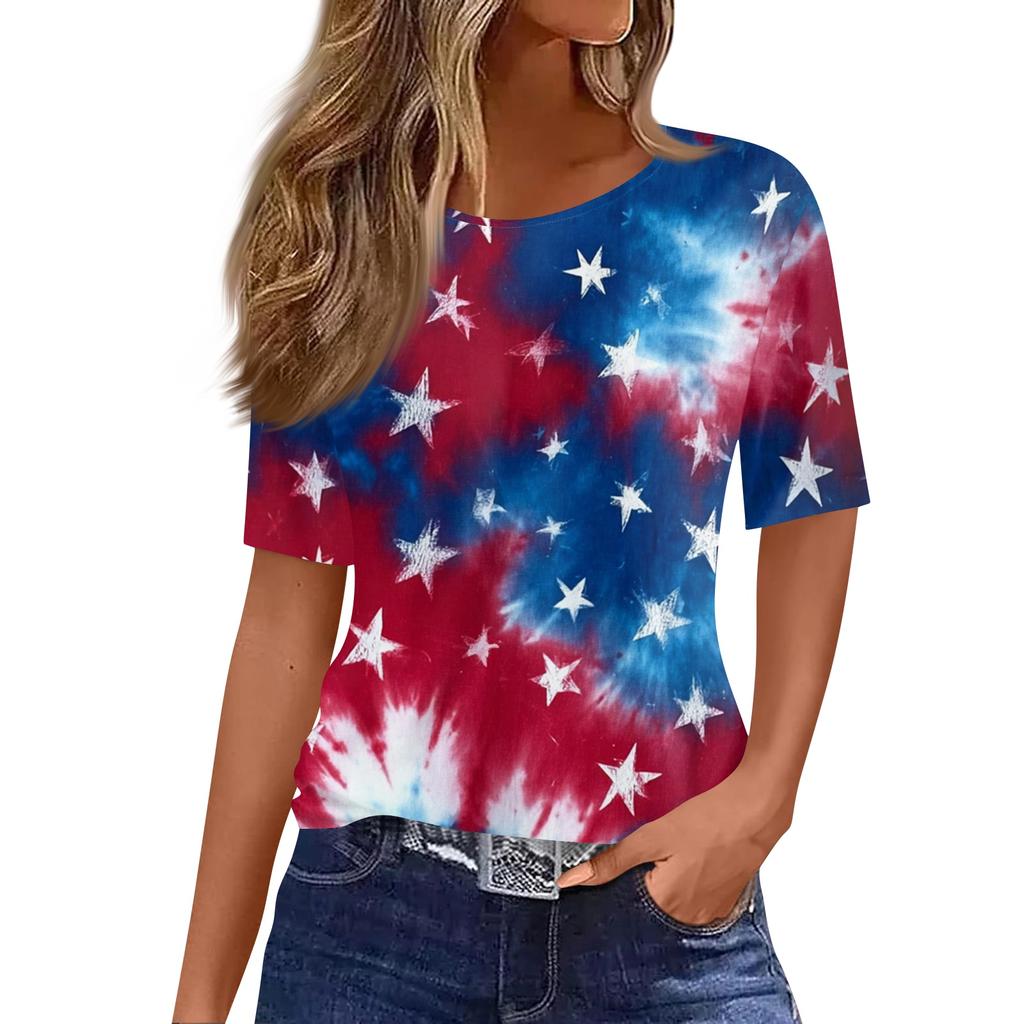 Damski modny, swobodny, krótki rękaw, nadruk, okrągły dekolt, bluzka typu pullover