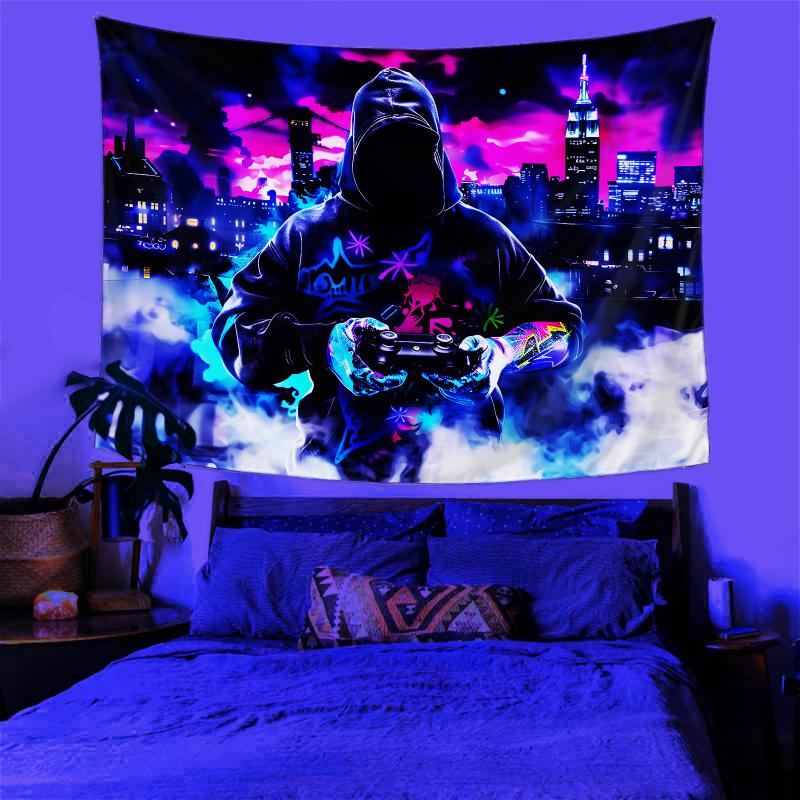 VIKAMA Cyber Neon Game Player Tapestry City Night Scene Hanging Cloth Esports Room Bedroom Bedhead Wall Decoration Carpet