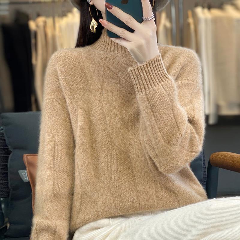 Women's Thickened Pure Wool Sweater - Half-High Collar, Full Body Cable Knit, Loose Fit, Versatile Drop Shoulder Design.
