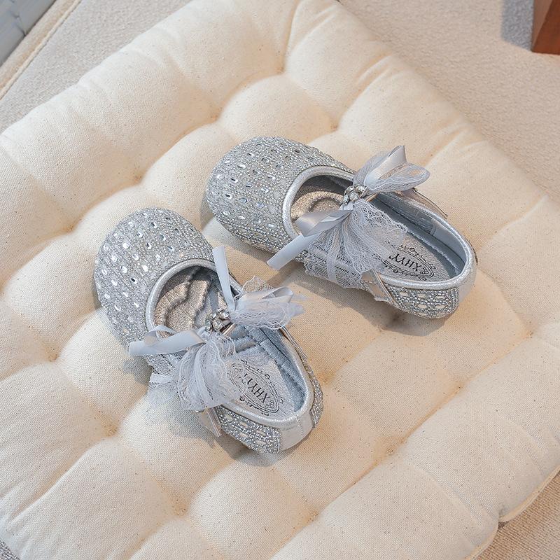 Spring New Girls Sweet Princess Shoes Bow Rhinestone Foreign Style Shallow Mouth Leather Shoes Fashion Children's Crystal Shoes