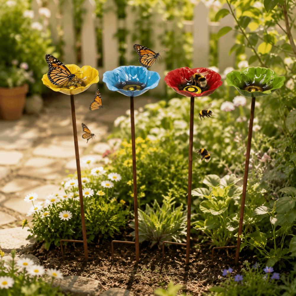 Flower Shaped Bird Bath Stand Metal Bird Water Dispenser Bird Bath Bowls Flower Garden Stake Patio