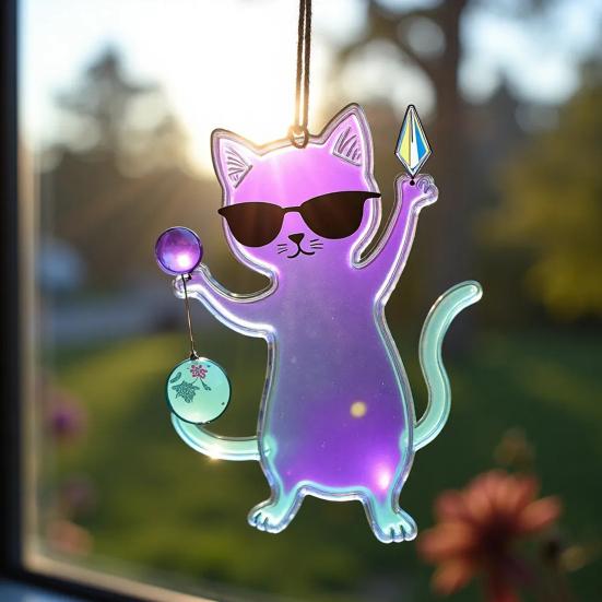 6 Pcs Cat Sun Catcher 2D Flat Acrylic Kitten Pendant Cats Wearing Sunglasses
