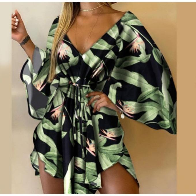 Autumn Sexy V-neck Irregular Bat Sleeve Lace-up Dress