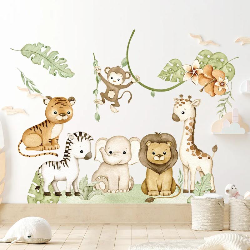 Cute Cartoon Animals Wall Sticker Elephant Lion Monkey Kids Room Home Decor