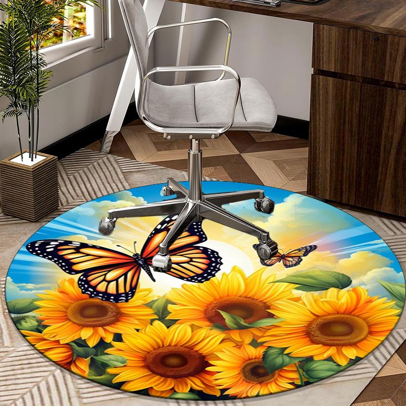 Butterflies And Sunflowers round carpet Chair cushion Round Entryway Rug, Soft Round Rugs for Living Room, Bedroom, Circle Carpet decor gifts