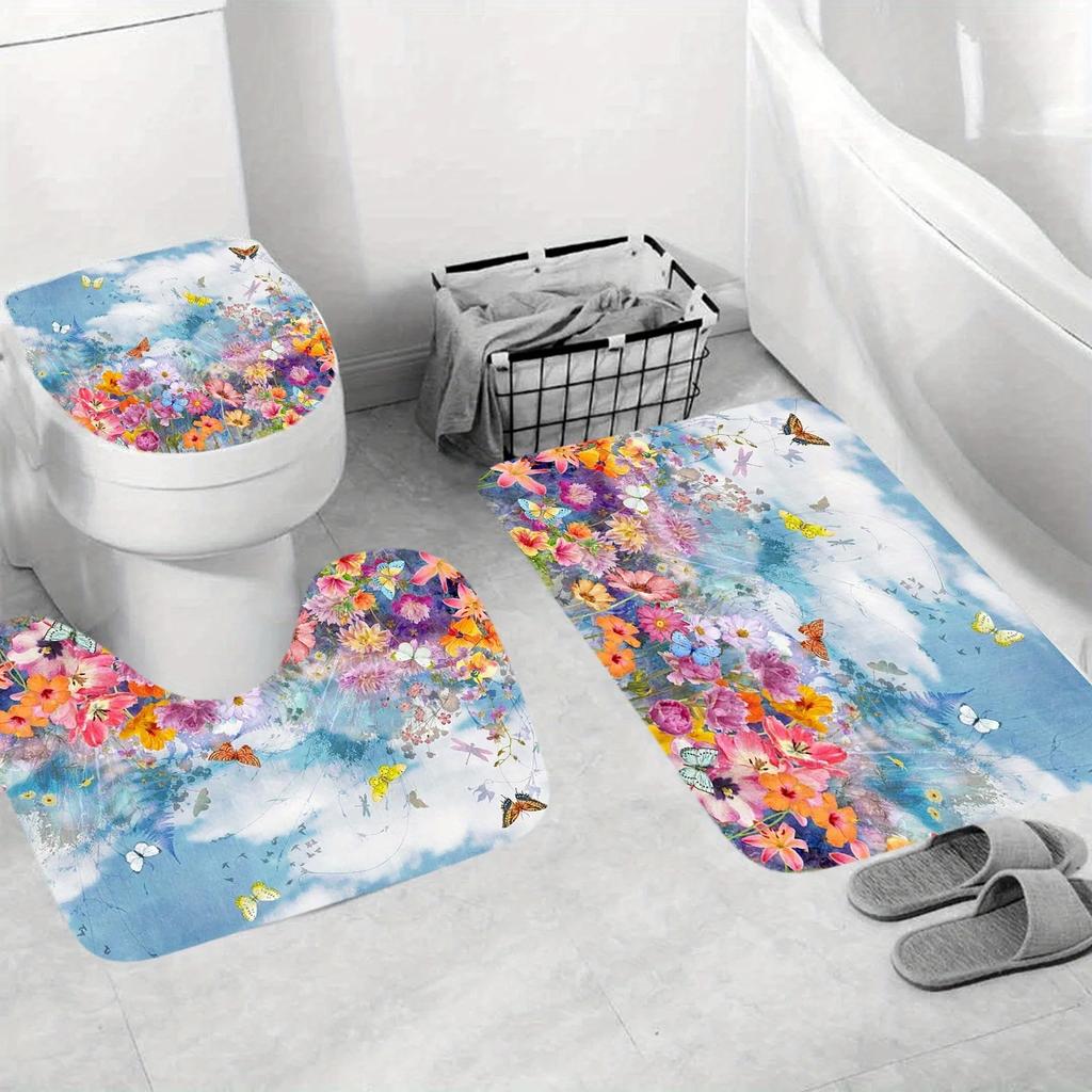 4pcs Healing Oil Painting Pastoral Sea of Flowers and Butterfly Pattern Shower Curtain Set Bathroom Curtain, Bathroom Decora