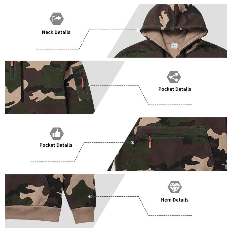 Men's Camouflage Half Zip Hoodie, Long Sleeve Drawstring Hooded Sweatshirt with Zipper Pockets, Casual Tactical Streetwear Pullover for Men