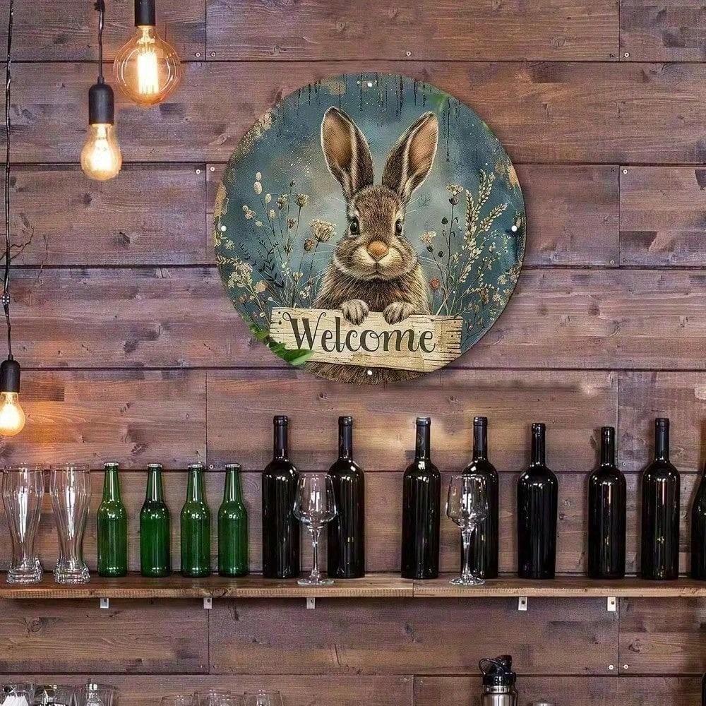 Happy Dayz Rabbit Metal Sign Vintage Farmhouse Wall Decor Rustic Tin Art for Home Living Room Bedroom Garage