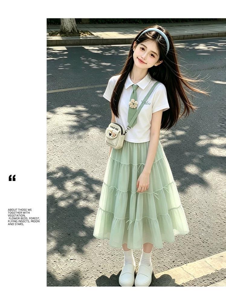 Girls' Academy Style Polo Shirt & Skirt Set - Korean-Inspired Summer Fashion