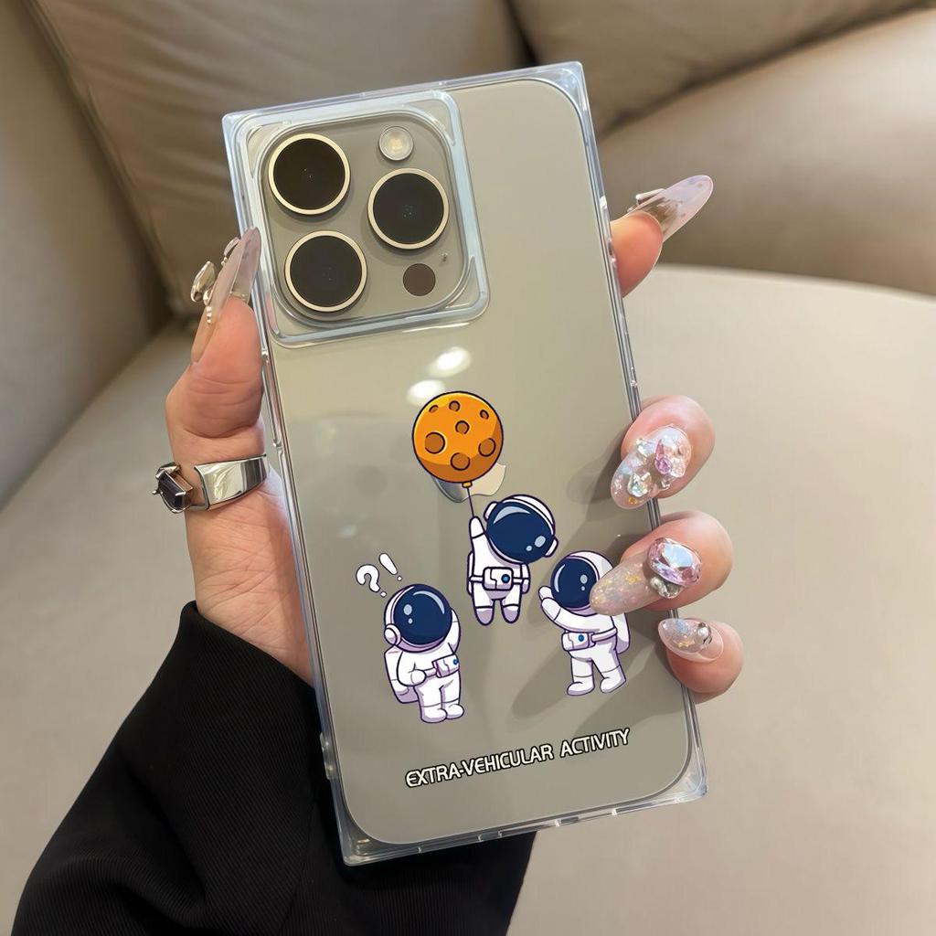 Clear Square Back Tube Case Protection For iPhone 11 14 Pro Max 12 15 Plus 13 16 ProMax Anti-Oxygen,Balloon Astronaut Pattern Casing