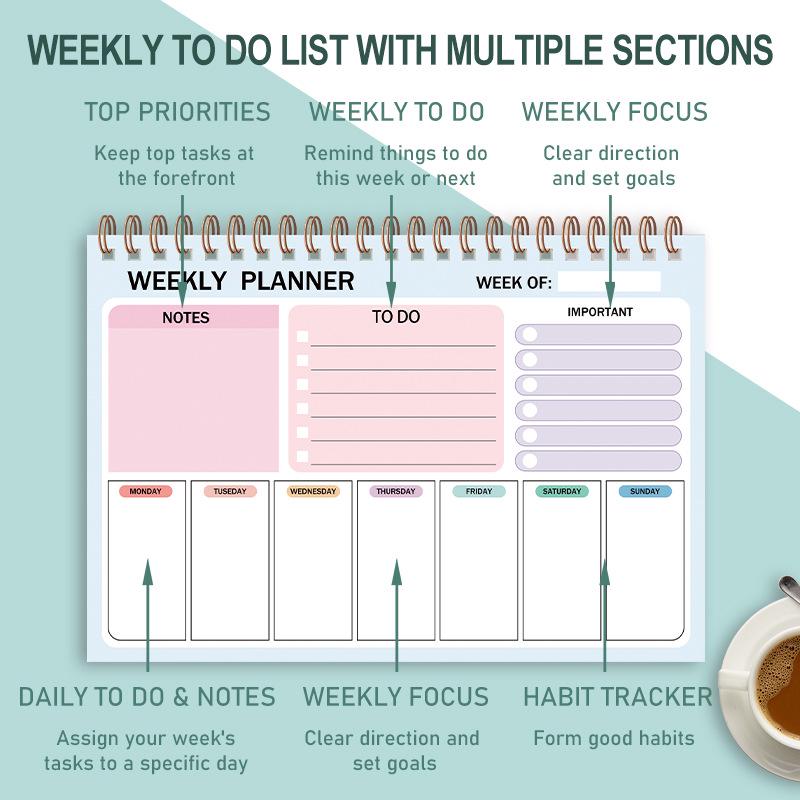 Cross-border Waterproof Weekly Planner Notebook with PP Cover and Coil Binding