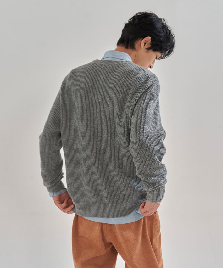 BASIC HOUSE Uni Ribbed Semi-Overfit Round Neck Knit Melange Grey Lwkt7103