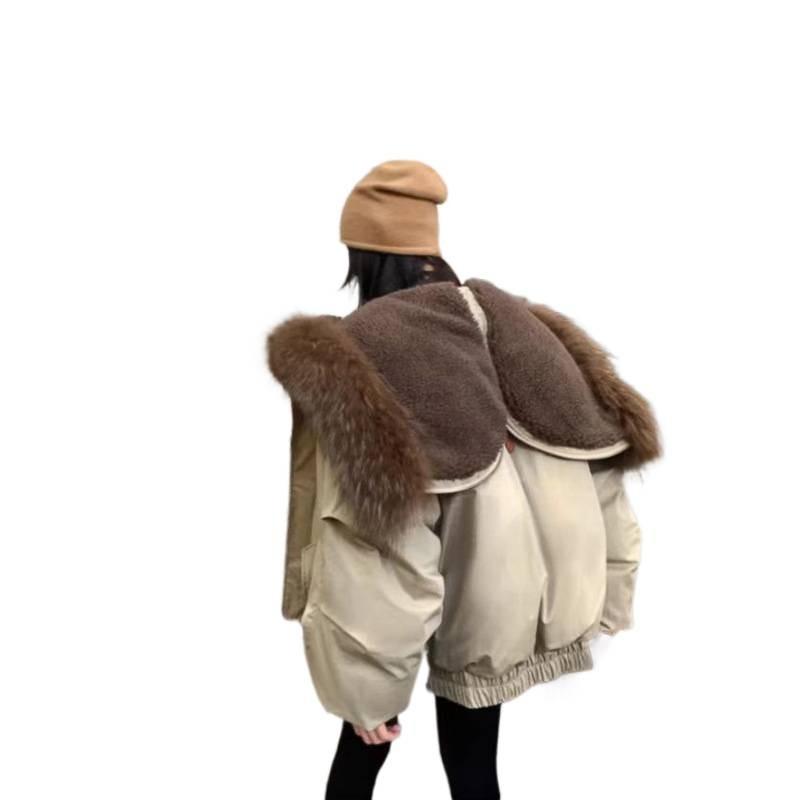 Big fur collar thickened warm versatile horn buckle cotton jacket women's winter loose short hooded tooling pie overcome