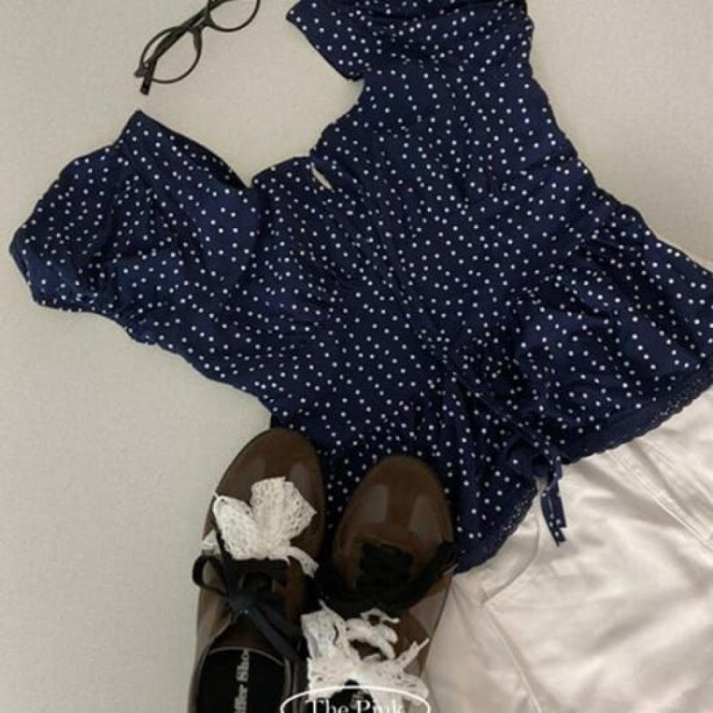 The Pink Women Dot Strap Puff Smoke Banding Blouse