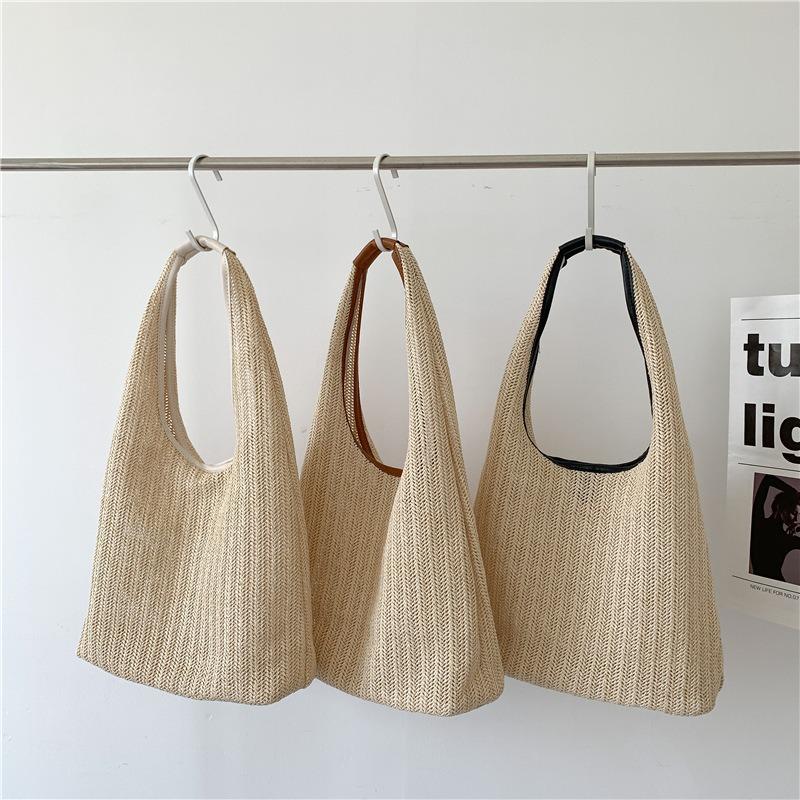 Straw bag women's summer niche splicing commuter tote bag large capacity women's casual shoulder bag