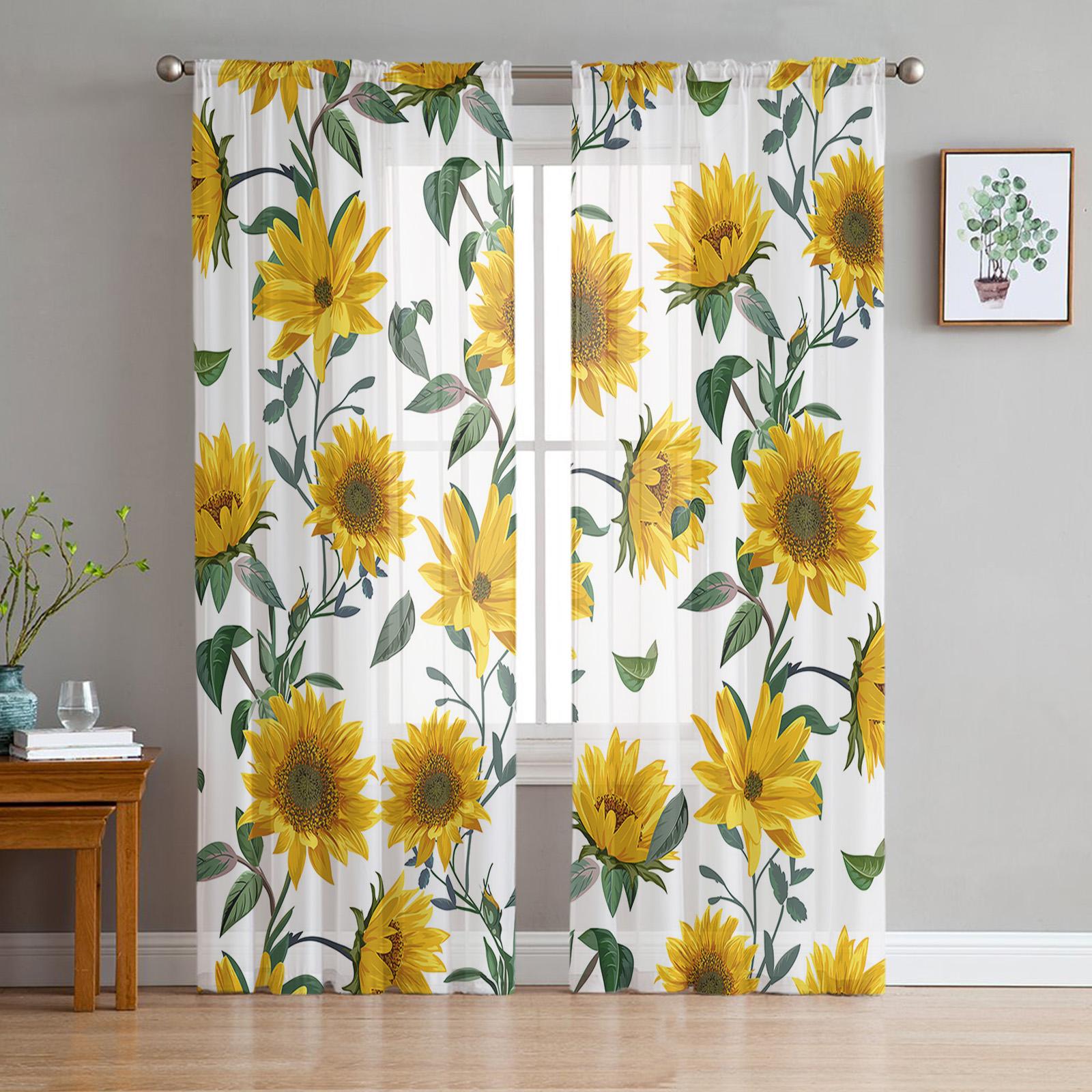 

Sunflower Texture Retro Sheer Curtains for Living Room Decoration Window Curtains for Kitchen Tulle Voile Organza Curtains W135 x H115cm x1