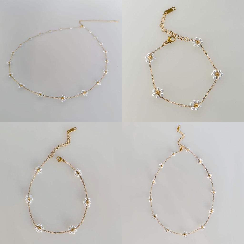 Women's Jewelry Straps Summer Pearl Flower Necklace Fashion Titanium Steel Necklace Waist Chain Anklet Set Titanium Steel Color Retention