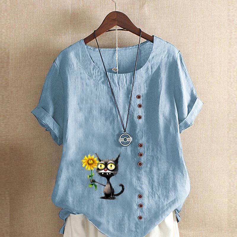 Women's Fashion Sunflower Black Cat Prined Short Sleeve T-shirt Loose Cotton Shirt Casual Loose Summer Blouse Tops Plus Size