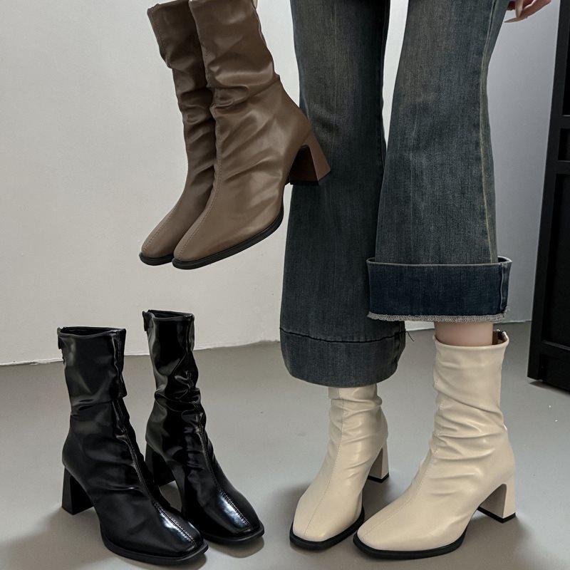 2025 Medium Boots Black Pleated Square Head High Heel New Thick Heel Retro Thin Boots Short Women's Boots French Stacking