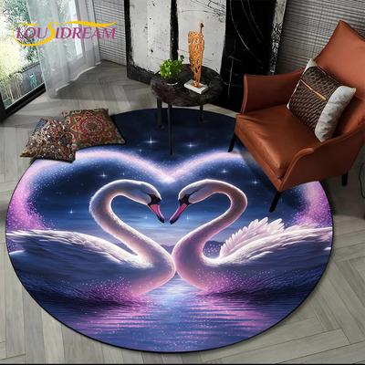 3D Dream Love Swan Cartoon Cygnus Girl Gift Round Carpet Rug for Living Room Bedroom Child Decor,Pet Area Rug Non-slip Floor Mat
