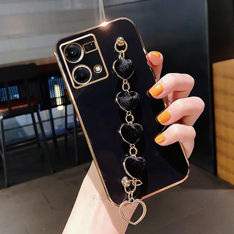 Reno7 4g Love Heart Bracelet Case For Oppo Reno 7 5 6 8 Lite 7lite 8t Reno6 Reno5 Chain Plating Silicone Cover Realme 10 9 Pro