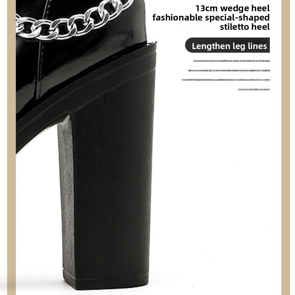 Gothic Punk Boots Fashion Patent Leather Short Boot Metal Chain Design High Heels Boots for Women Side Zip Thick-heel Ankle Boot