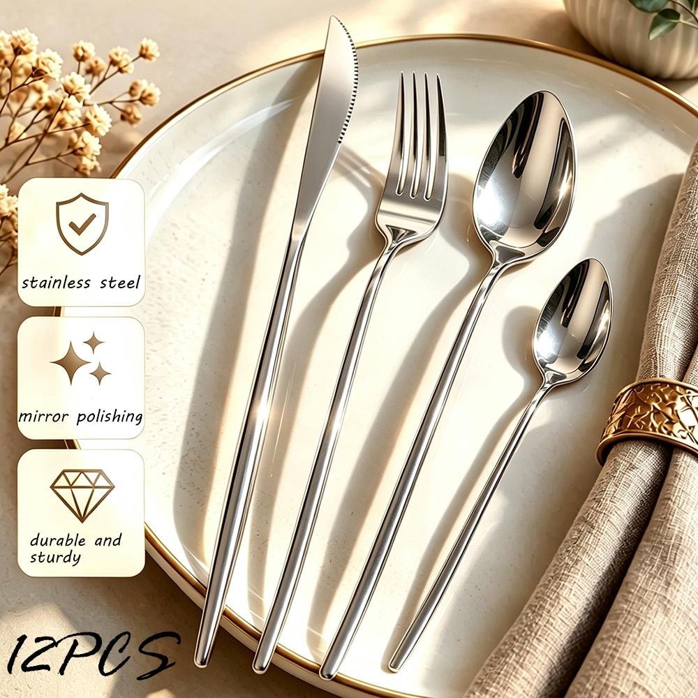 12Pcs Silver Stainless Steel Tableware Cutlery Set Dinnerware Dinner Knife Fork Spoon Teaspoon Home Restaurant Silverware Set