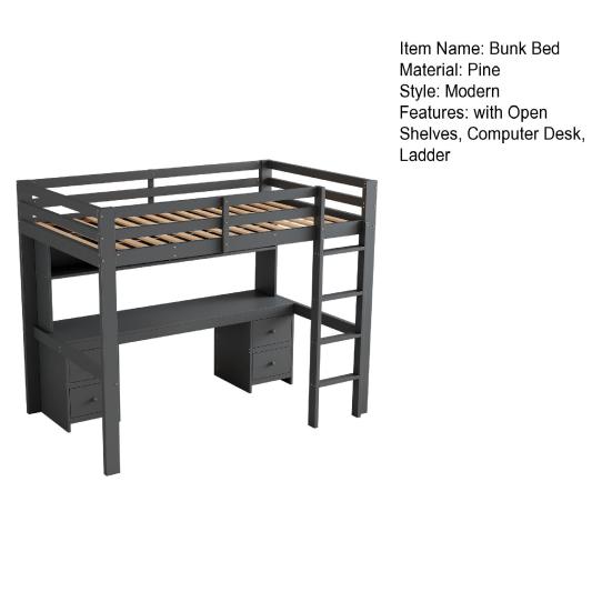 Solid Wood Frame Loft Bed 90x200cm Bed Children Above Table Below Bunk with Slatted Large Storage Space High Railing Stable Stairs Gray