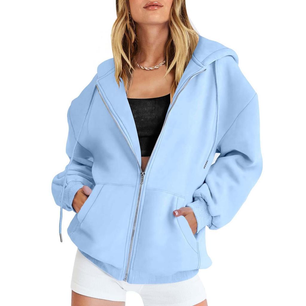 Women's Autumn Fashion Zipper Hoodie Long Sleeve Hooded Pullover Sweatshirt Casual Solid Color Tops with Pockets