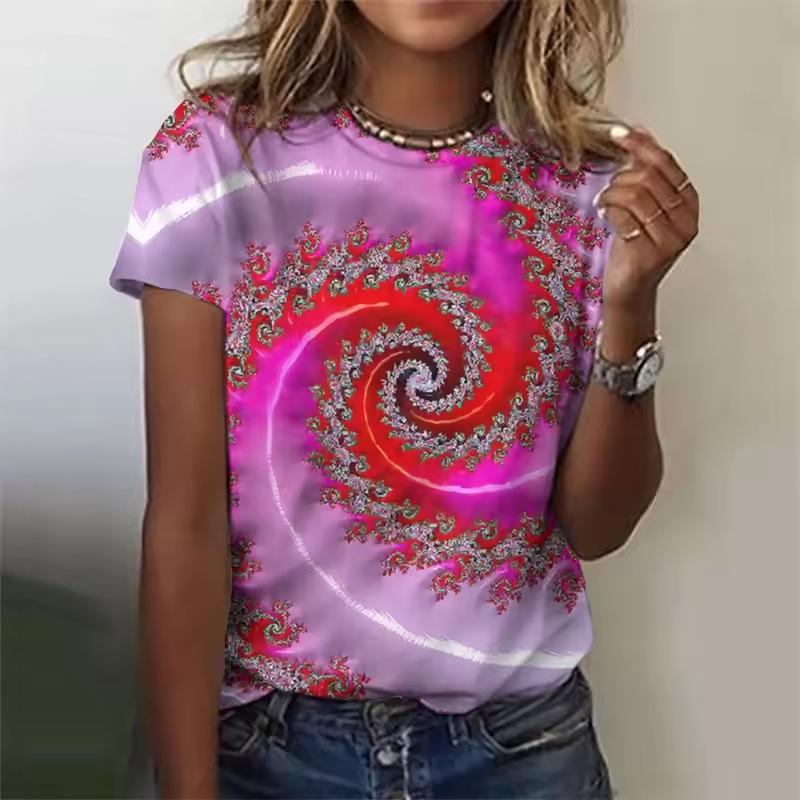 3D Printed Color Rotating Pattern T-shirts Summer Retro Loose Round Neck Short Sleeved Women's T-shirts