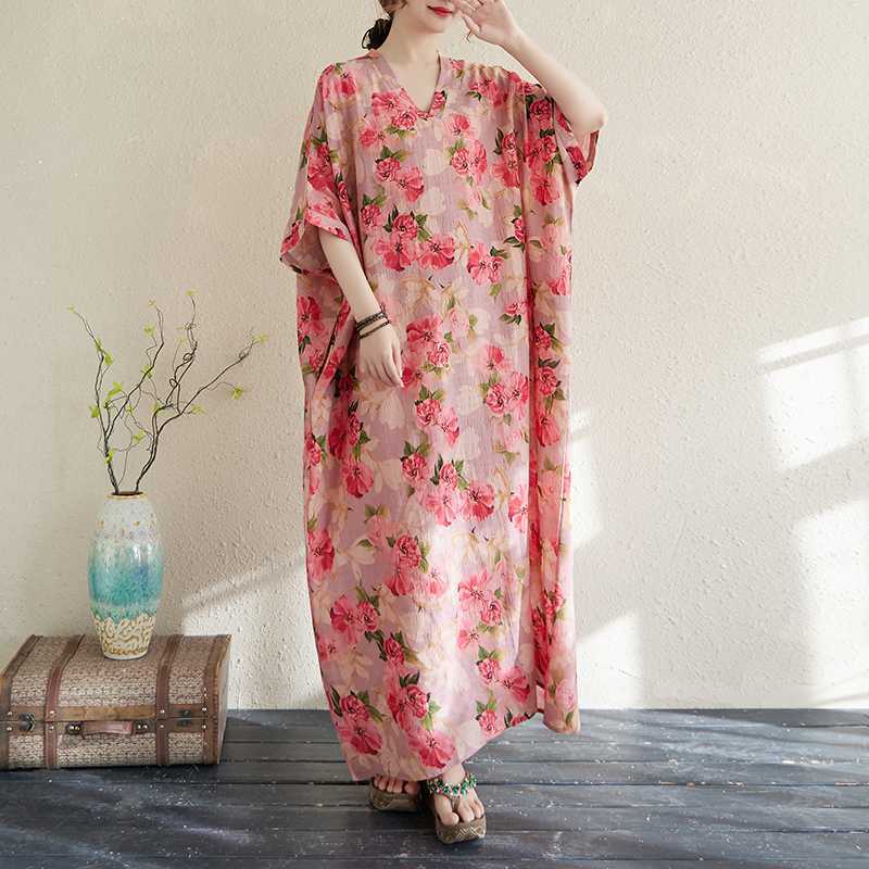 Summer Color Travel V-neck Retro Long Skirt Cotton Linen Dress