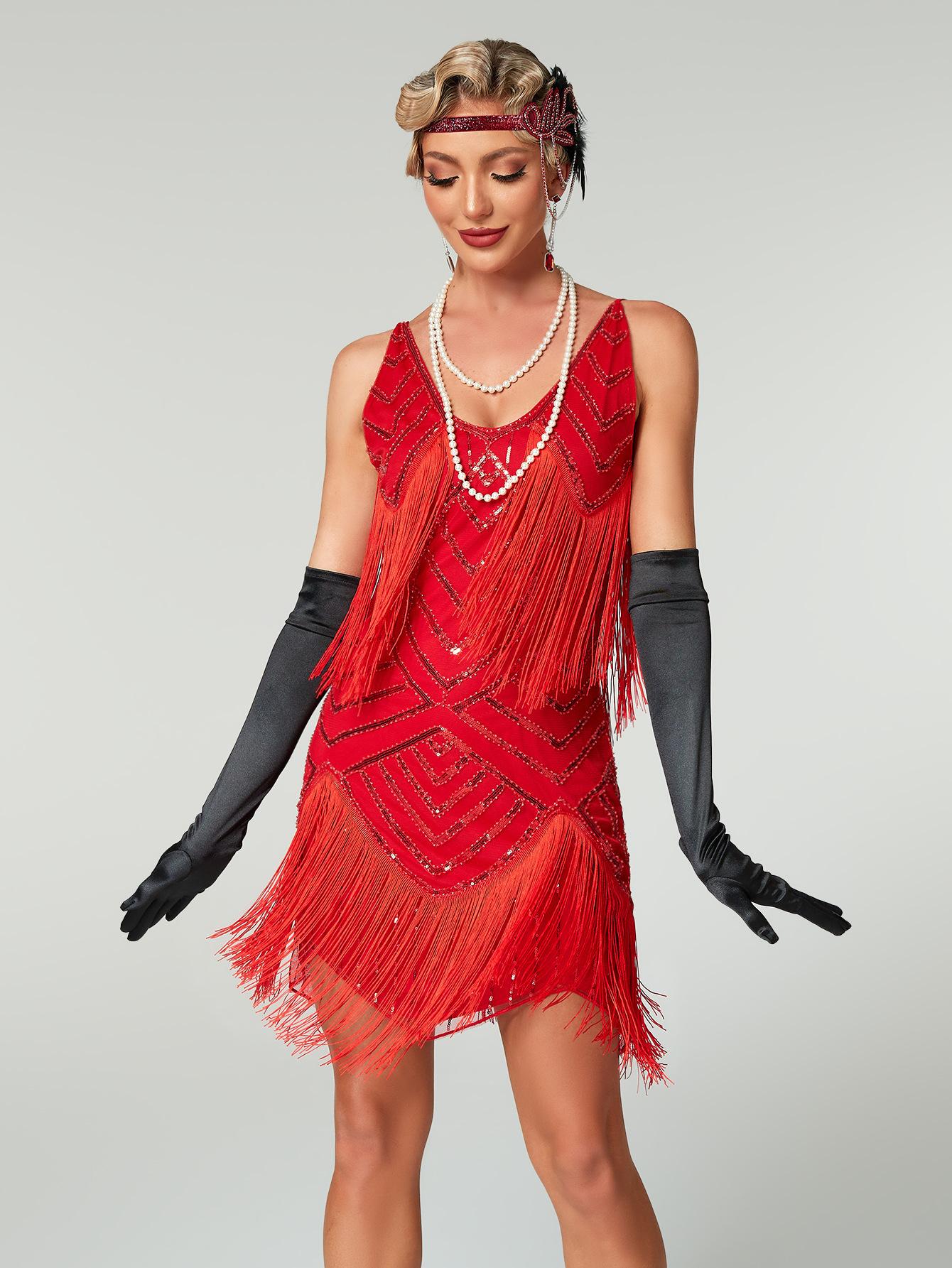 

Юбка на подтяжках с бахромой из пайеток, европейское и американское винтажное платье в стиле Гэтсби для бала, вечера S красный