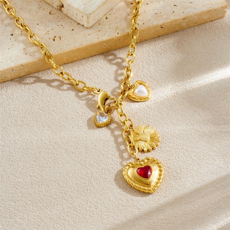 18K Gold Plated Heart Daisy Charm Lariat Necklace, Dainty Multi-Charm Station Y-Drop Chain for Women, Trendy Jewelry