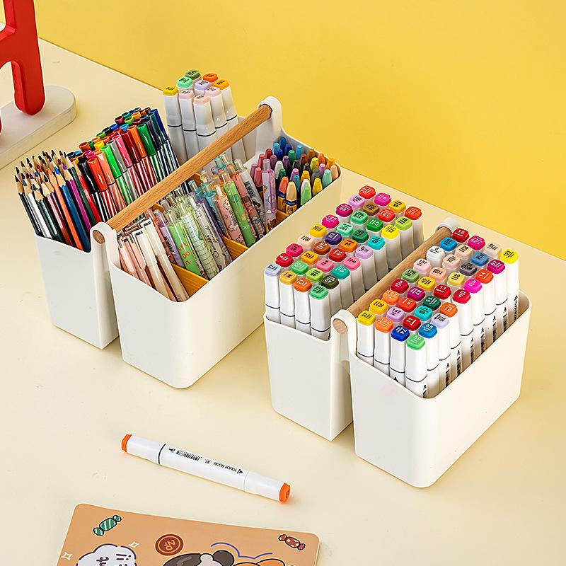 Handheld Colored Pencil & Marker Storage Box with Compartments – Large Capacity Pen & Brush Organizer for Students