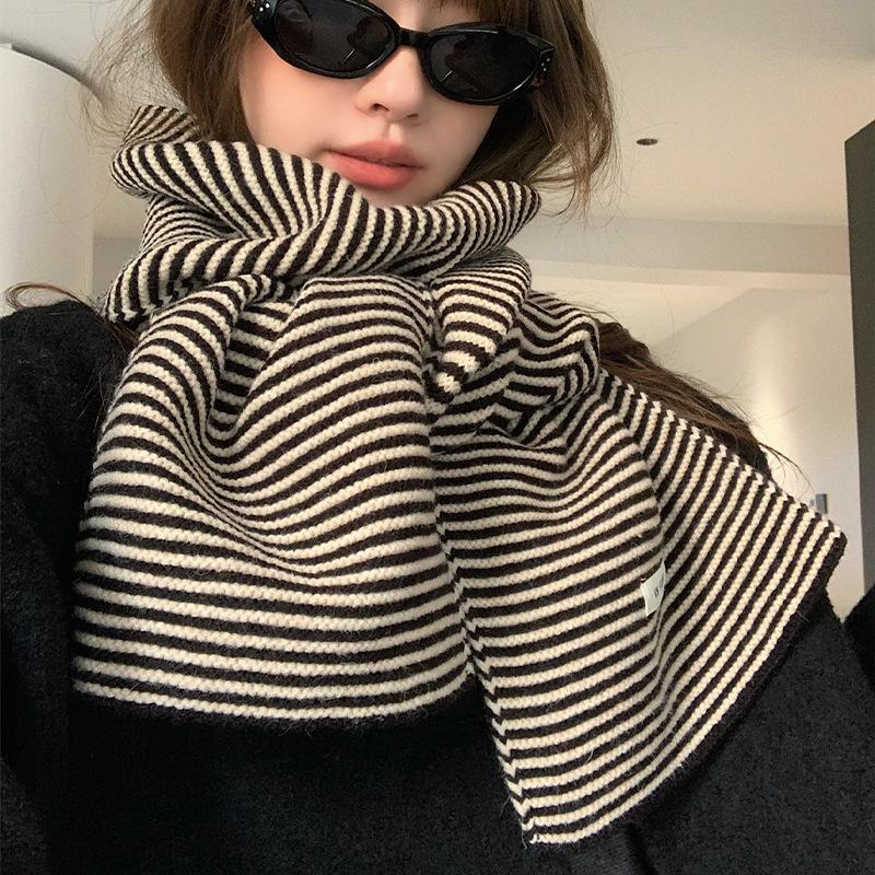 Classic Versatile Striped Knitted Scarf for Women in Autumn and Winter High End Fashionable Warm Scarf for Couples   Trendy
