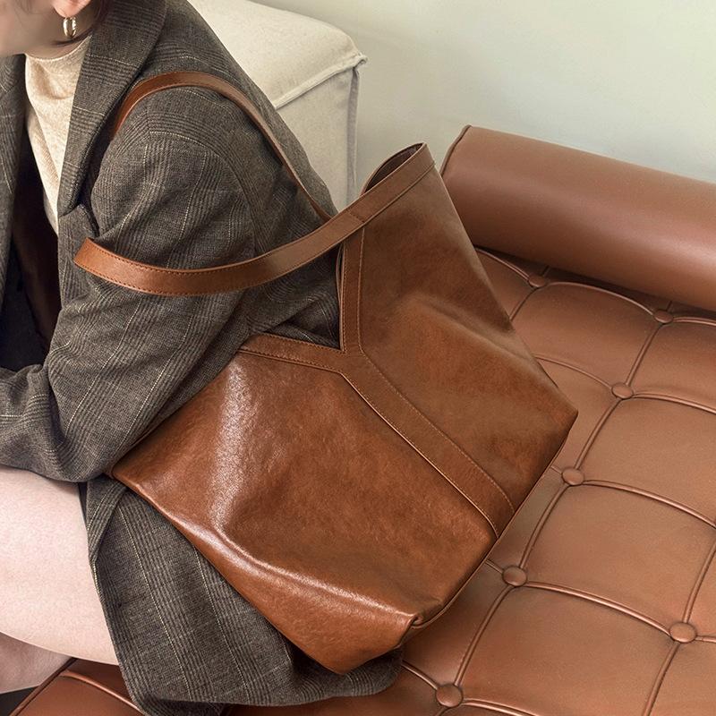 Vegetable Tanned Leather Simple Korean Genuine Leather Tote Bag Shoulder Bag Large Capacity Women's Bag Armpit Bag Handbag Cowhide